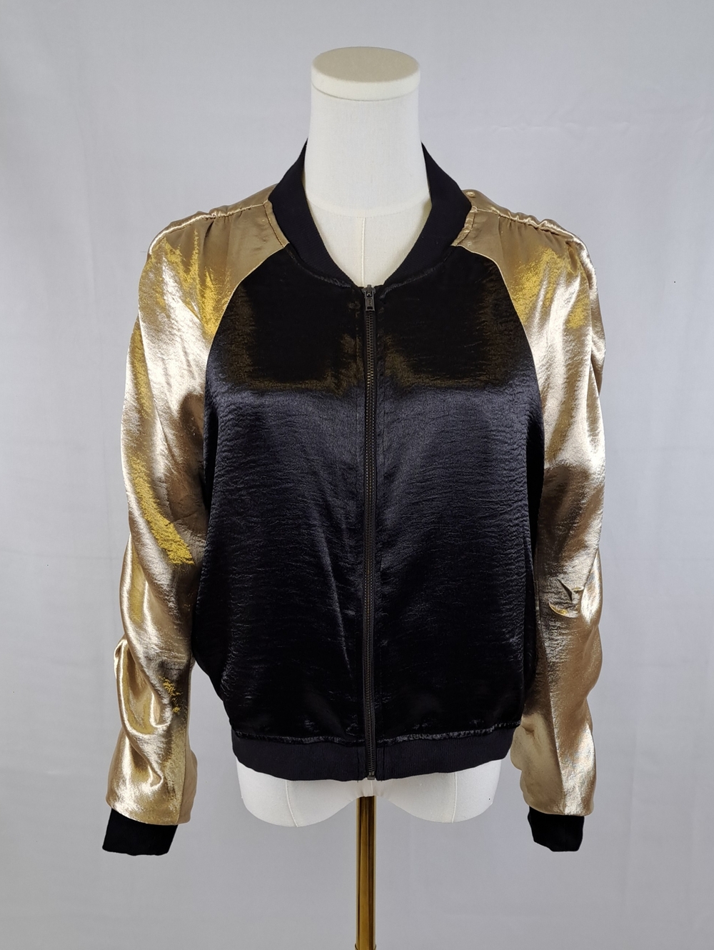 BCBGeneration Black Bomber Jacket with Metallic Gold Sleeves
